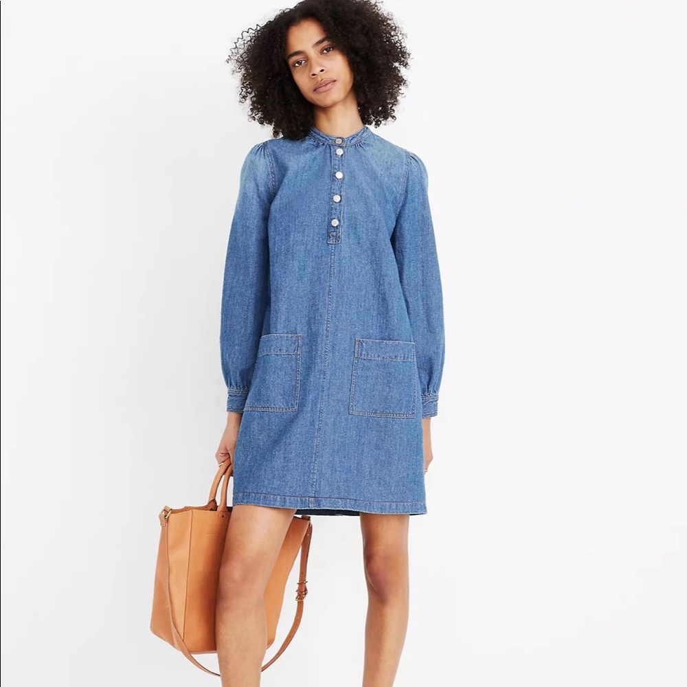 Denim Patch-Pocket Popover Shirtdress